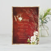 Gold Red Floral Rustic Script Wedding Kaart (Staand voorkant)