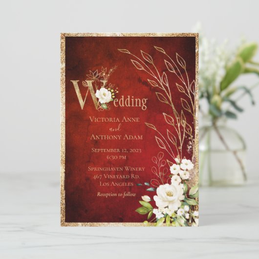 Gold Red Floral Rustic Script Wedding Kaart (Staand voorkant)