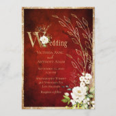Gold Red Floral Rustic Script Wedding Kaart (Voorkant)