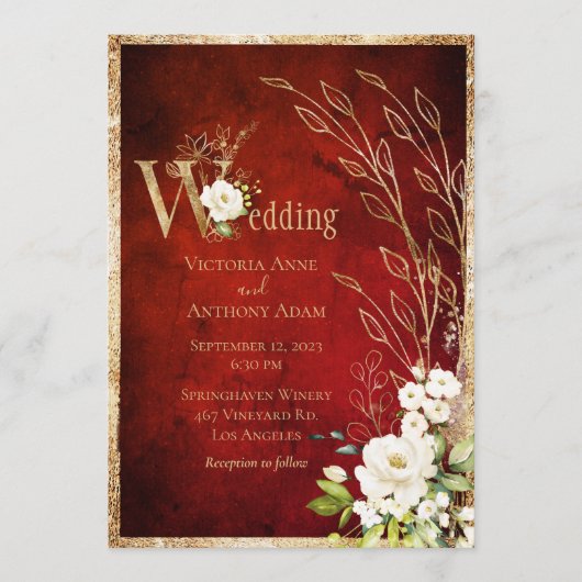 Gold Red Floral Rustic Script Wedding Kaart (Voorkant)