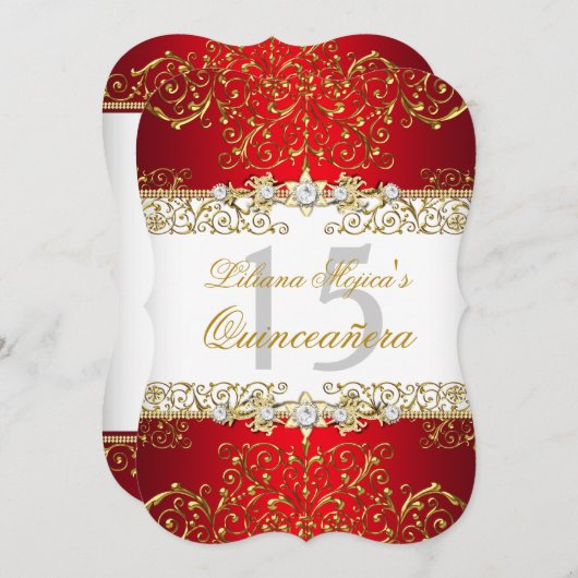 Gold Red  Glamor Quinceanera Kaart (Voorkant / Achterkant)