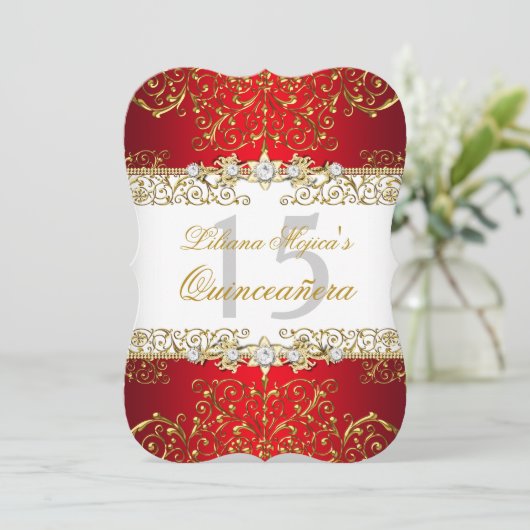 Gold Red  Glamor Quinceanera Kaart (Staand voorkant)