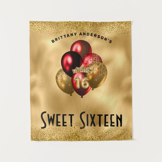 Gold Red Glitter Balloons Sweet 16 16th Birthday Wandkleed (Voorkant)