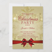 Gold & Red Glitter Snowflake & Ribbon Xmas Party Kaart (Voorkant)