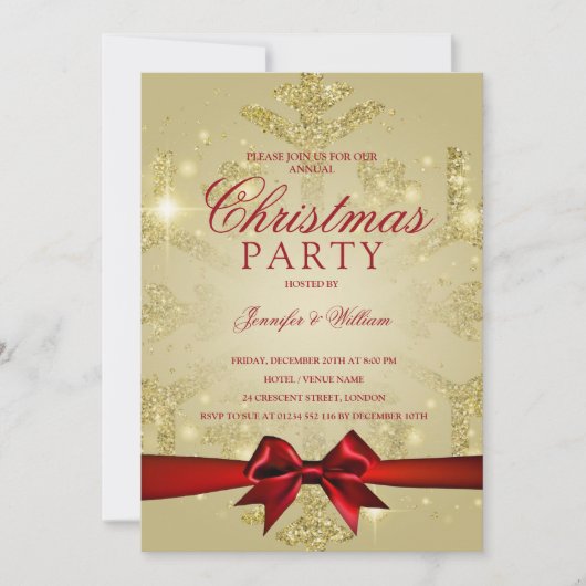 Gold & Red Glitter Snowflake & Ribbon Xmas Party Kaart (Voorkant)
