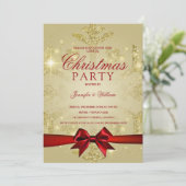 Gold & Red Glitter Snowflake & Ribbon Xmas Party Kaart (Staand voorkant)