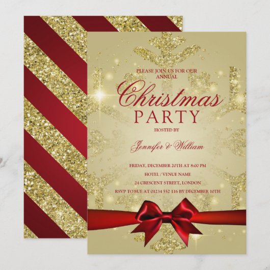 Gold & Red Glitter Snowflake & Ribbon Xmas Party Kaart (Voorkant / Achterkant)
