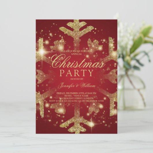 Gold & Red Glitter Snowflake Xmas Holiday Kaart (Staand voorkant)