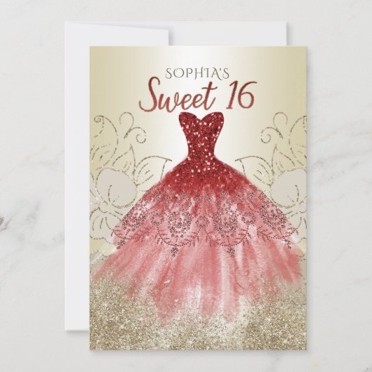 Gold Red Glitter Sparkle Dress Sweet 16 jaar Kaart (Voorkant)