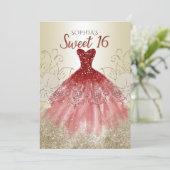 Gold Red Glitter Sparkle Dress Sweet 16 jaar Kaart (Staand voorkant)