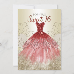 Gold Red Glitter Sparkle Dress Sweet 16 jaar Kaart
