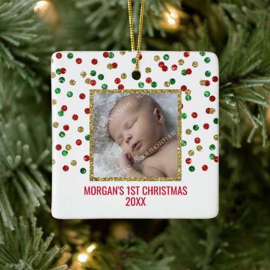 Gold Red Green Baby's eerste kerstfoto Keramisch Ornament (Boom)