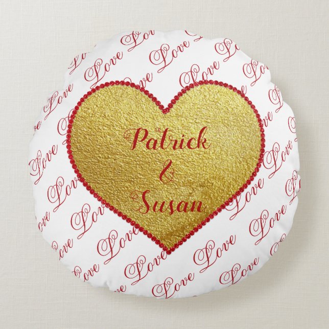 Gold Red Heart Schattige Elegant Modern Valentijns Rond Kussen (Voorkant)