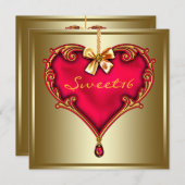Gold Red Heart Sweet 16 Verjaardagsfeest Kaart (Voorkant / Achterkant)