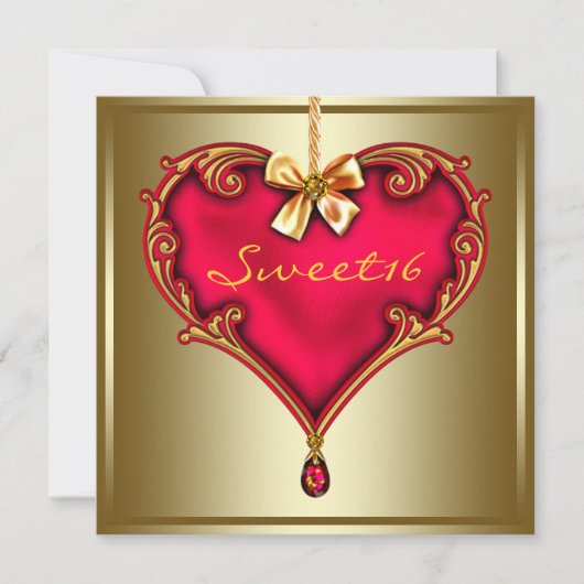 Gold Red Heart Sweet 16 Verjaardagsfeest Kaart (Voorkant)