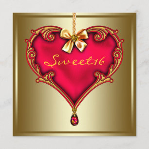 Gold Red Heart Sweet 16 Verjaardagsfeest Kaart