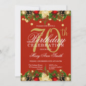 Gold & Red Holiday Glitter 70th Birthday Party Kaart (Voorkant)