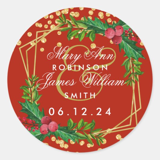 Gold Red Holiday Save The Date Bruiloft Holly Ronde Sticker (Voorkant)