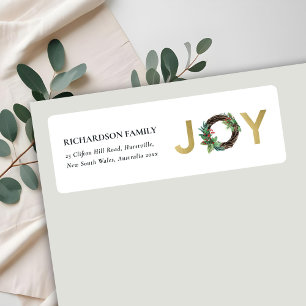 GOLD RED HOLLY BERRY JOY WREATH CHRISTMAS ADRES ETIKET