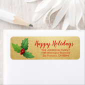 Gold Red Holly Happy Holiday Xmas Retouradres Etiket (Insitu)