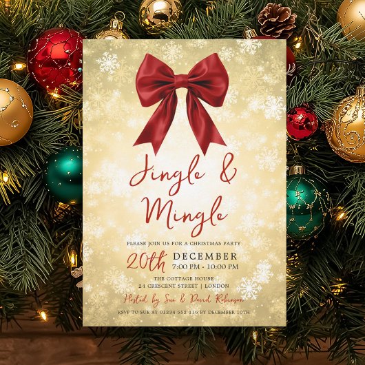 Gold Red Jingle Mingle Christmas Party Bow & Snow Kaart