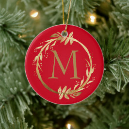 Gold Red Kerstmis, groot monogram & familiefoto Keramisch Ornament
