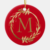 Gold Red Kerstmis, groot monogram & familiefoto Keramisch Ornament (Voorkant)