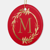 Gold Red Kerstmis, groot monogram & familiefoto Keramisch Ornament (Links)