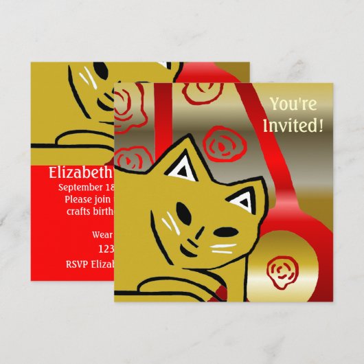 Gold & Red Kitty Cat Birthday Party Uitnodiging (Voorkant / Achterkant)