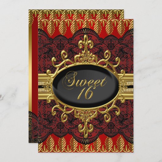 Gold Red Leaf Lace Sweet 16 Party Invite Kaart (Voorkant / Achterkant)