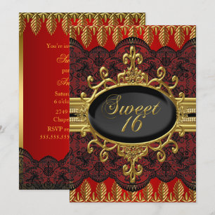 Gold Red Leaf Lace Sweet 16 Party Invite Kaart