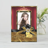 Gold Red Leopard Print & Bow Foto Quinceanera Kaart (Staand voorkant)
