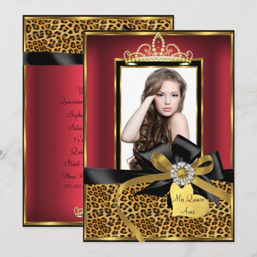 Gold Red Leopard Print & Bow Foto Quinceanera Kaart (Voorkant / Achterkant)