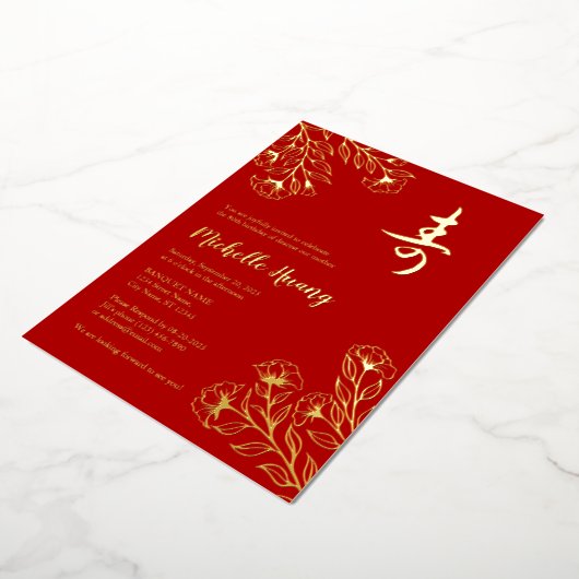 Gold Red Longevity Birthday Folie Invitation (3) Folie Uitnodiging (Gedraaid)