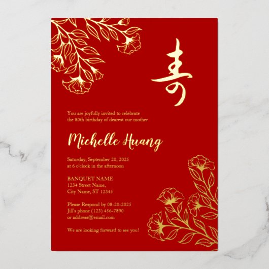 Gold Red Longevity Birthday Folie Invitation (3) Uitnodiging (Voorkant)