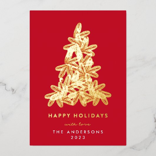 Gold & Red Merry kerstpine Tree Happy Folie Feestdagenkaart (Voorkant)