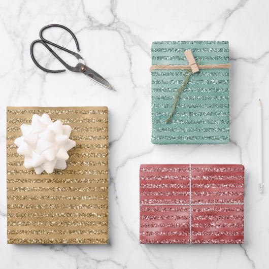 Gold Red Mint Green Glitter Stripes          Inpakpapier Vel (Voorkant)