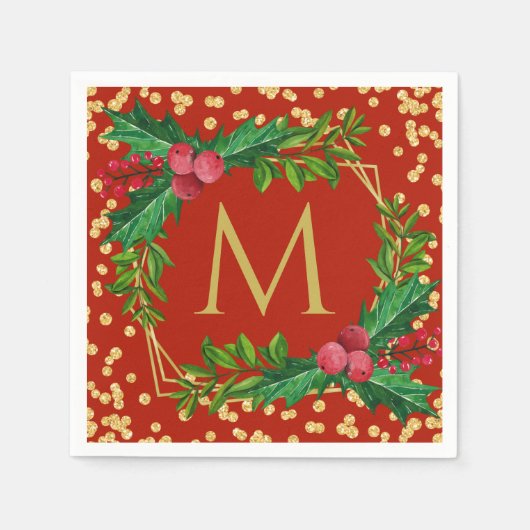 Gold Red Monogram Merry kerst Holly Glitter Servet (Voorkant)