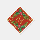 Gold Red Monogram Merry kerst Holly Glitter Servet (Hoek)