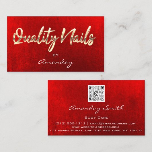 Gold Red Quality Nails Script QR Code Logo Visitekaartje (Voorkant / Achterkant)