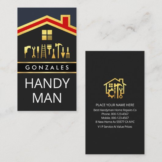 Gold Red Roof With Handyman Tools Visitekaartje (Voorkant / Achterkant)