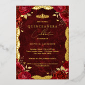 Gold Red Rose Quinceanera Birthday Folie Uitnodiging (Voorkant)
