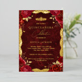Gold Red Rose Quinceanera Birthday Folie Uitnodiging (Staand Voorkant)
