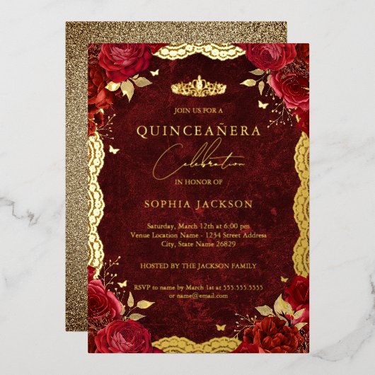 Gold Red Rose Quinceanera Birthday Folie Uitnodiging (Voorkant / Achterkant)