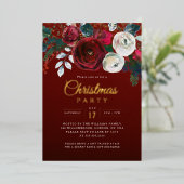 Gold Red Sparkle Festive Foliage Christmas Party  Folie Uitnodiging (Staand Voorkant)