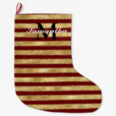 Gold Red Stripes Monogram Grote Kerstsok (Voorkant)