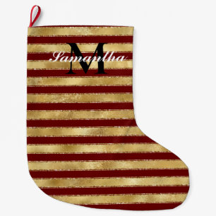Gold Red Stripes Monogram Grote Kerstsok