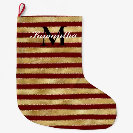 Gold Red Stripes Monogram Grote Kerstsok (Voorkant)