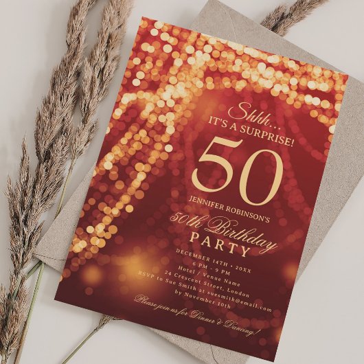 Gold & Red | Surprise 50th Birthday Party Kaart