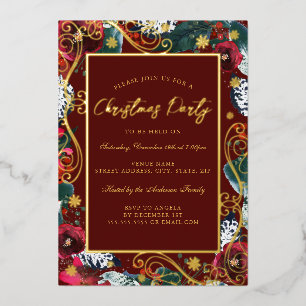 Gold Red Swirl Flower Lijst Kerstfeest Folie Uitnodiging